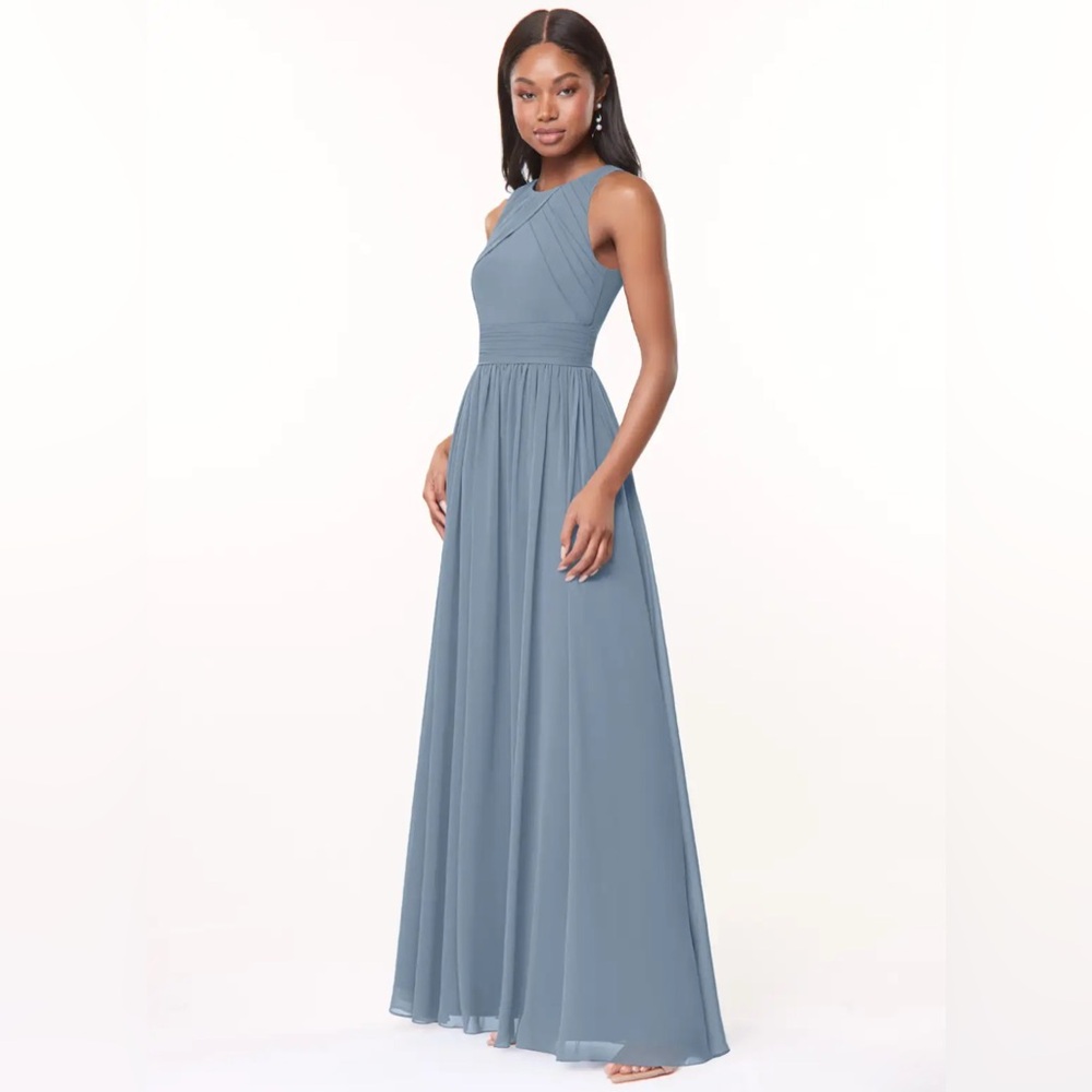 Azazie Dusty Blue Harper Bridesmaid Gown A-Line Pleated Chiffon Dress Custom